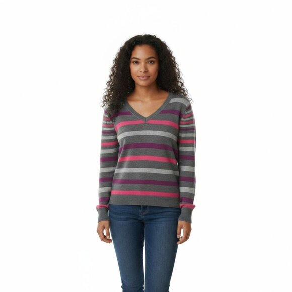 Izod Grey Pink Purple Striped Cotton V-Neck Ribbed-Knit Pullover Sweater Small S - Picture 1 of 5